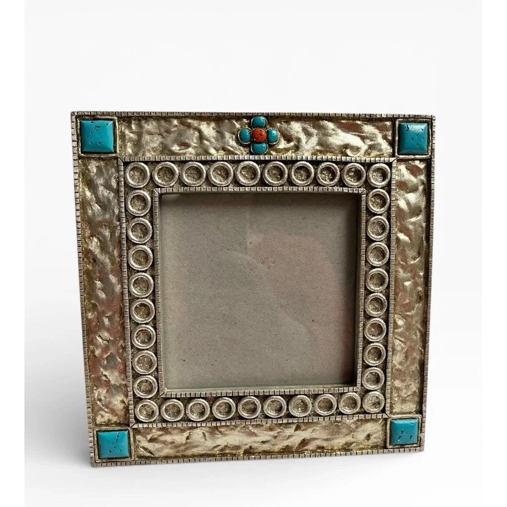 Southwestern Silver Tone Turquoise Picture Frame Rustic Coral Western Native‎
